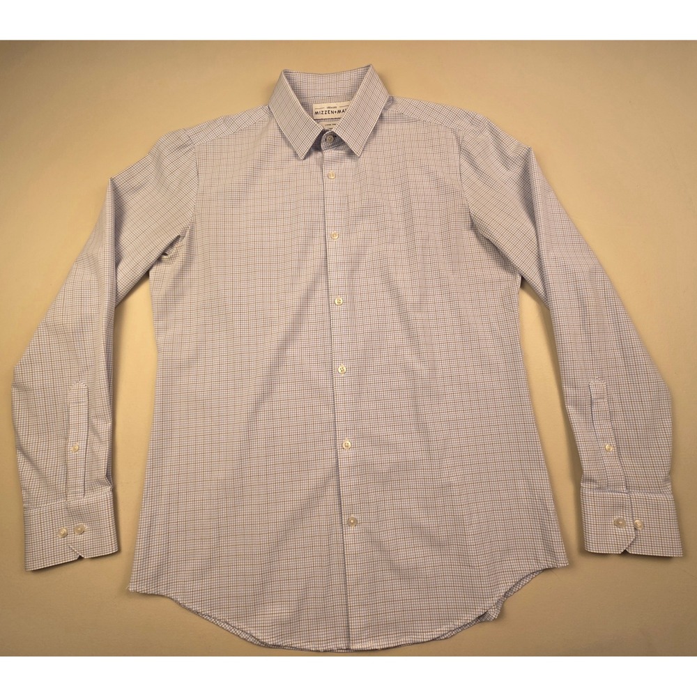 Mizzen+Main Leeward Blue Micro Check Performance Dress Shirt Mens Large Trim Fit